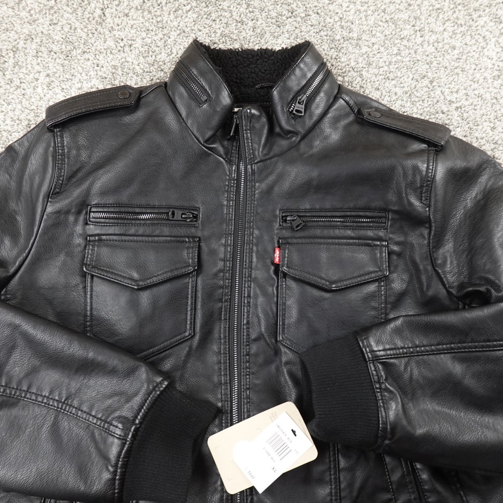 NEW Levis Jacket Mens XL Black Faux Leather Sherpa Lined Zip Trucker Bomber Coat - Picture 3 of 12